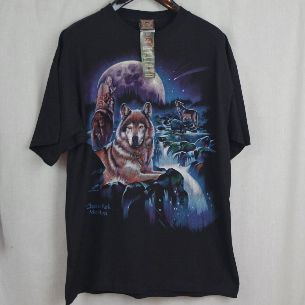 NOS Habitat Glacier Park Montana Wolf Moon Black Graphic Shirt XL